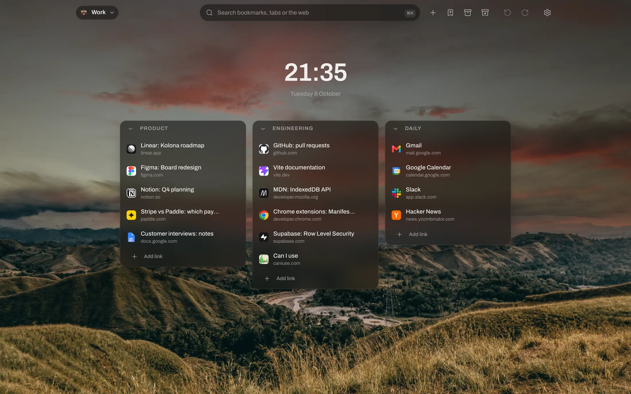 A Kolona new tab page with three columns of links on the Hills wallpaper